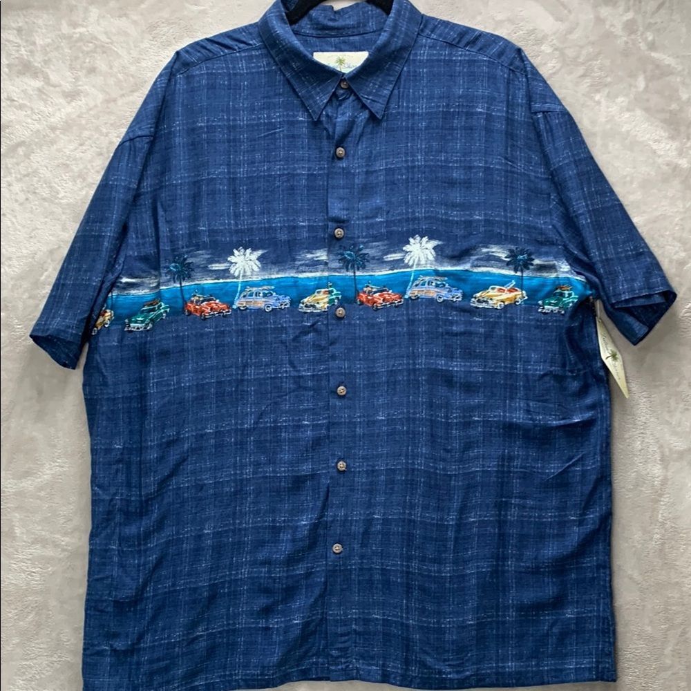 Island Shores Men XL Hawaiian Camp Shirt Vintage Car Print Ford Chevy Scene